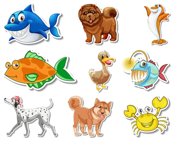 Conjunto Pegatinas Con Animales Mar Perros Ilustración Personajes Dibujos Animados — Vector de stock