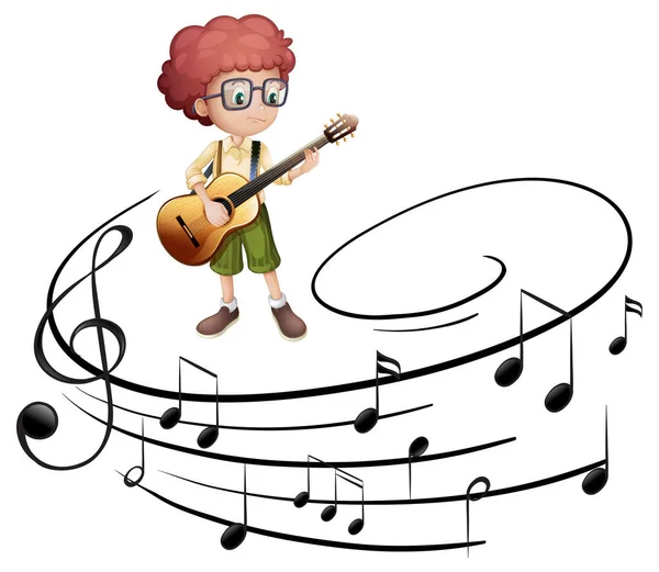 Personaje Dibujos Animados Niño Tocando Guitarra Con Símbolos Melodía Ilustración — Vector de stock