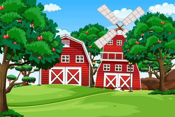赤い納屋と風車のイラストのファームシーン — ストックベクタ