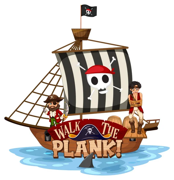 Plankan Teckensnitt Banner Med Pirat Fartyg Vit Bakgrund Illustration — Stock vektor