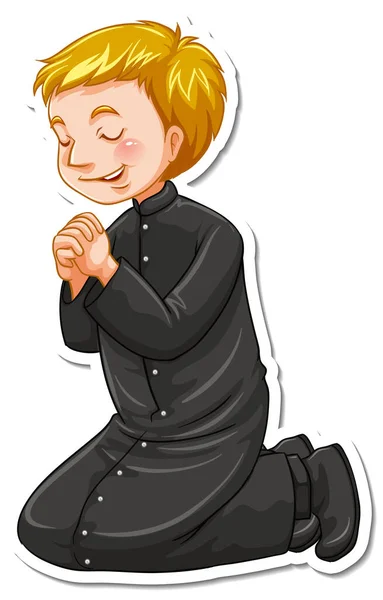 Personaje Dibujos Animados Del Sacerdote Oración Pose Sticker Ilustración — Archivo Imágenes Vectoriales