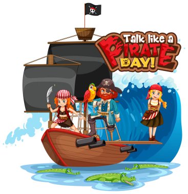 Korsan Günü yazı tipi gibi Korsan çizgi film karakteri illüstrasyonuyla konuş