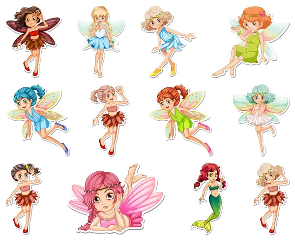 Set Stickers Beautiful Fairies Mermaid Cartoon Character Illustration — Stock Vector