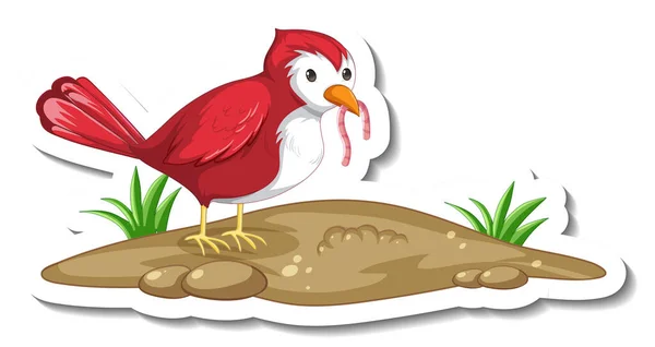 Adesivo Modello Con Uccello Rosso Mangiare Verme Sfondo Bianco Illustrazione — Vettoriale Stock