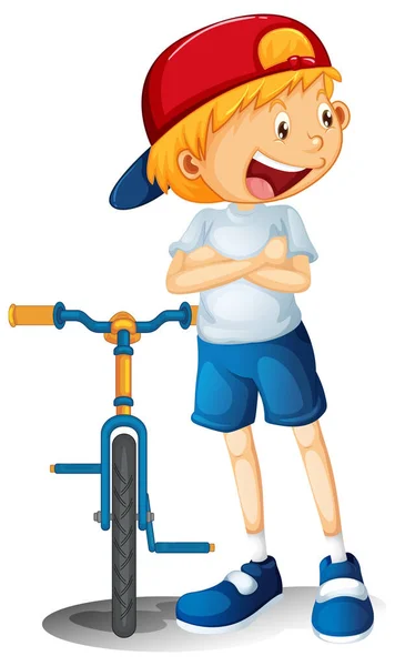 一个男孩卡通人物站在自行车图解 — 图库矢量图片