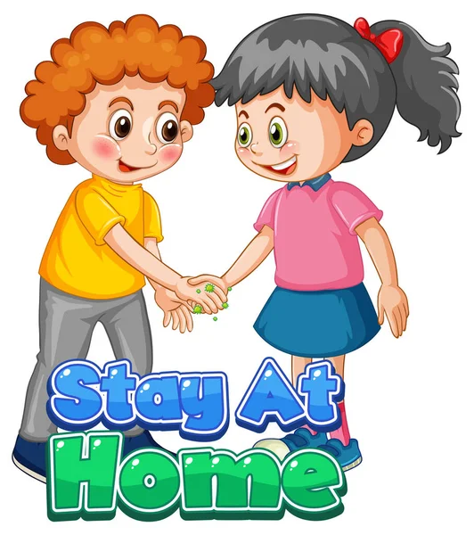 Stay Home Font Stile Cartone Animato Con Due Bambini Non — Vettoriale Stock