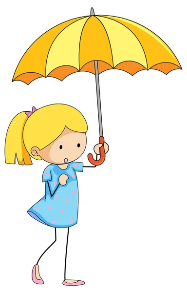 Bambina Che Tiene Mano Ombrello Doodle Cartone Animato Personaggio Illustrazione — Vettoriale Stock
