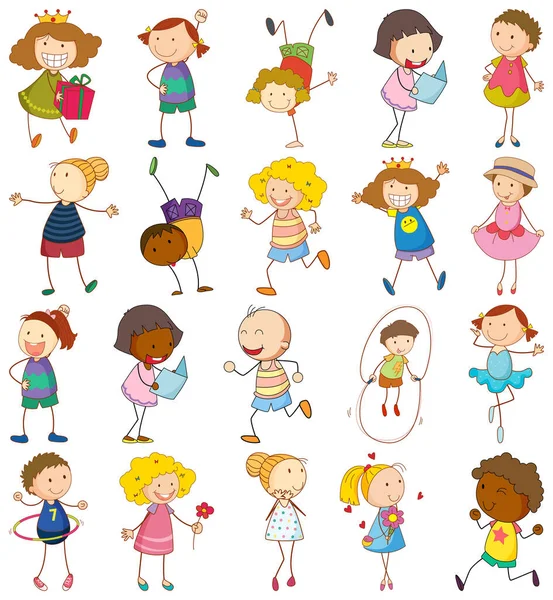 Set Van Verschillende Doodle Kids Stripfiguur Geïsoleerde Illustratie — Stockvector