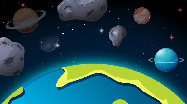 Cena Espaço Exterior Com Planetas Asteróides Ilustração —  Vetores de Stock