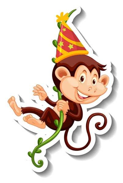 Sticker Template Monkey Wearing Party Hat Illustration — Stock Vector