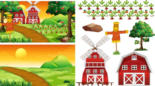 Conjunto Elementos Agrícolas Aislados Con Ilustración Escena Granja — Archivo Imágenes Vectoriales