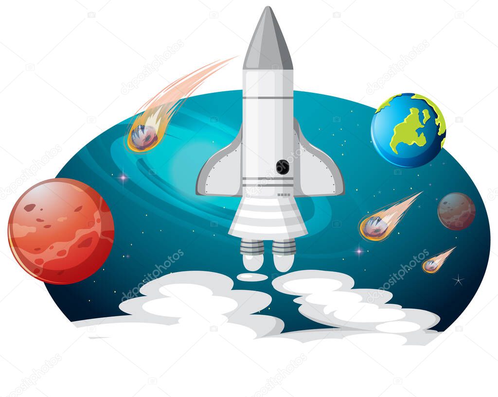 Rocket ship with many planets and asteroids illustration