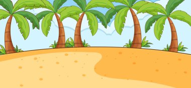 Boş sahil manzarası ve bir sürü palmiye ağacı çizimi.