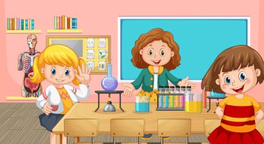 Sınıfta kimya deneyi yapan mutlu çocuklar.