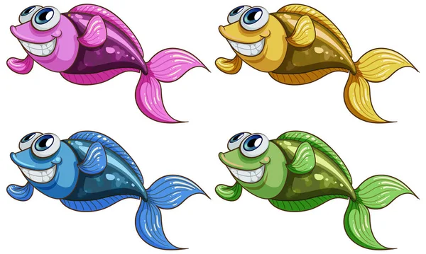 Conjunto Muchos Peces Divertidos Personaje Dibujos Animados Aislados Ilustración Fondo — Vector de stock