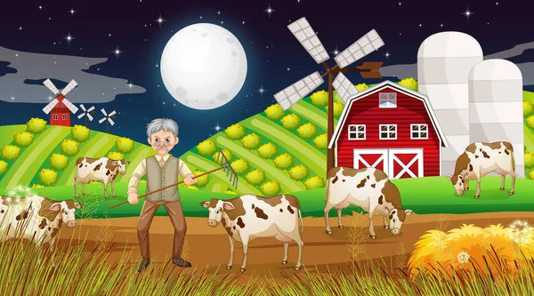 Farm Night Scene Old Farmer Man Farm Animals Illustration — Stock Vector