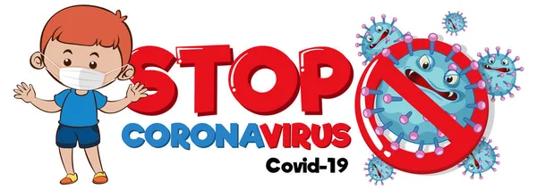 Stop Coronavirus Banner Egy Fiú Visel Orvosi Maszk Karakter Fehér — Stock Vector