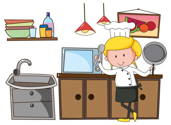 Piccolo Chef Con Attrezzature Cucina Sfondo Bianco Illustrazione — Vettoriale Stock