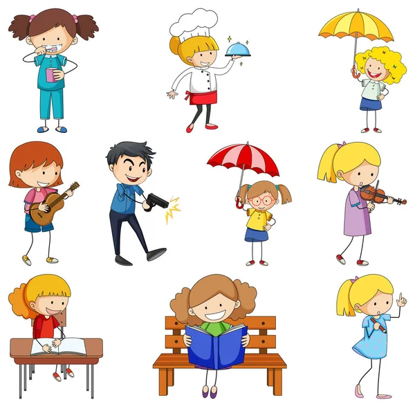 Ensemble Différentes Illustrations Personnages Dessins Animés Pour Enfants Doodle — Image vectorielle