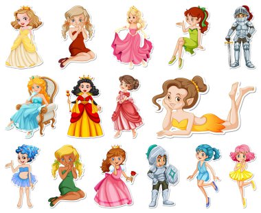 Farklı peri masalı karakter çizimleri içeren etiket seti