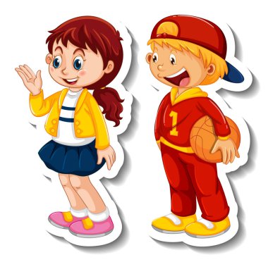 Birkaç çocuk öğrenci çizgi film karakteri eşleşen çıkartma şablonu