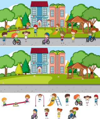 Çizik çocuklar çizgi film karakteri çizimleri ile farklı yatay sahne arkaplanı