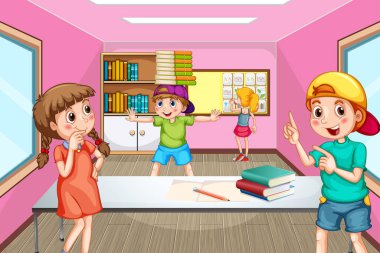 Öğrenciler tatilde sınıfta resim çizerek vakit geçiriyorlar