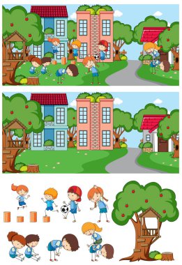 Park sahnesinde bir sürü çocuk çizgi film karakteri karalamış.