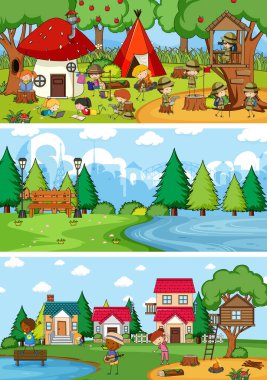 Çizik çocuklar çizgi film karakteri çizimleri ile farklı yatay sahne arkaplanı