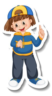 Çıkartma şablonu mutlu bir kızla kapak çizgi film karakteri ile izole edilmiş.