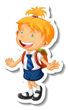 Küçük bir öğrenci kız çizgi film karakteri olan çıkartma şablonu izole edilmiş.