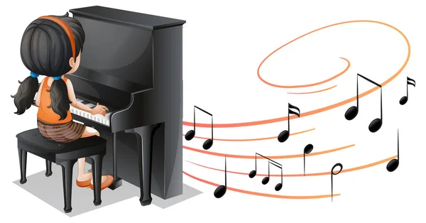 Símbolos Musicales Melodía Con Una Niña Tocando Piano Ilustración Aislada — Vector de stock