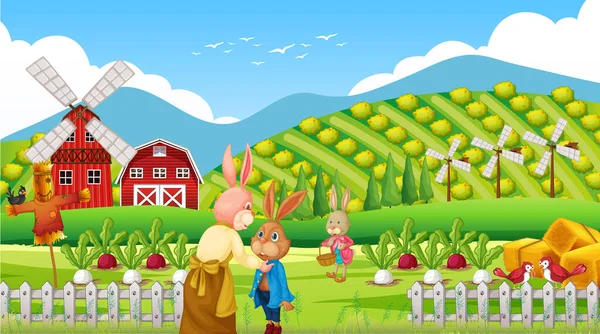 日中のファームシーンとウサギの家族のイラスト — ストックベクタ