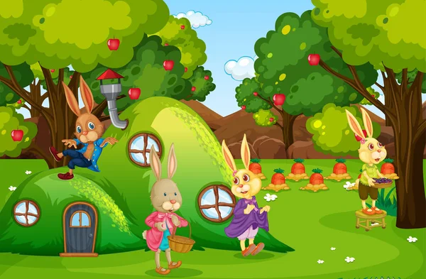 Escena Aire Libre Con Familia Feliz Conejo Jardín Ilustración — Archivo Imágenes Vectoriales