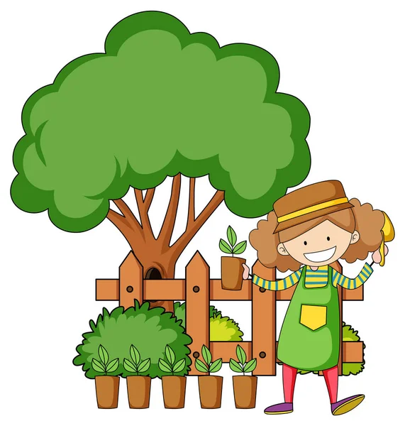 Bambino Personaggio Dei Cartoni Animati Nel Giardino Illustrazione — Vettoriale Stock