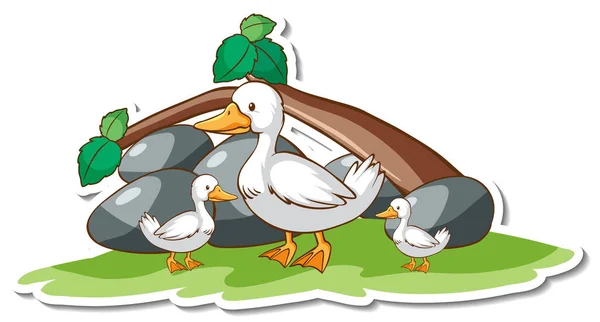 Familia Pato Con Naturaleza Elemento Pegatina Ilustración — Vector de stock