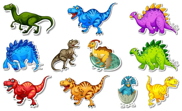 Aufkleber Set Mit Verschiedenen Arten Von Dinosauriern Zeichentrickfiguren Illustration — Stockvektor