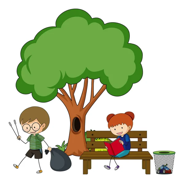 Zwei Kinder Bei Verschiedenen Aktivitäten Mit Einem Großen Baum — Stockvektor