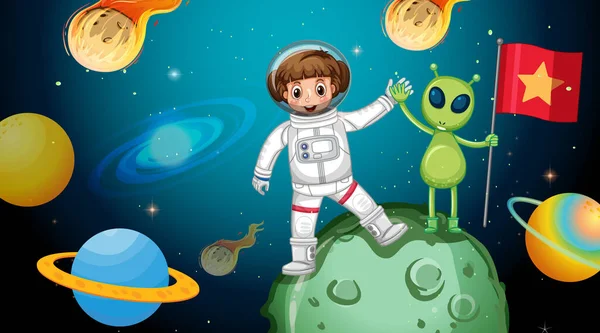 Astronauta Chica Con Extraterrestre Pie Asteroide Escena Espacial Ilustración — Vector de stock