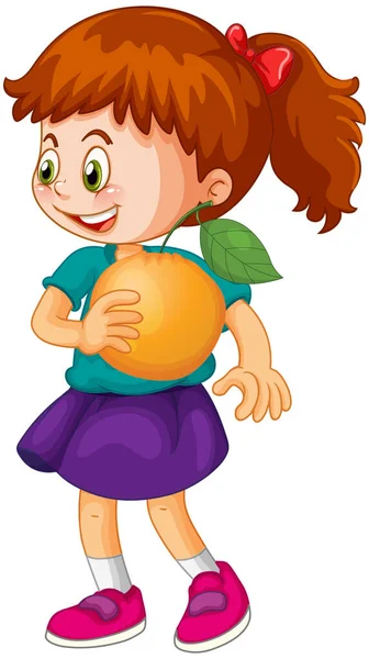 一个拿着橙色水果卡通人物的女孩在白色背景图上被隔离了 — 图库矢量图片