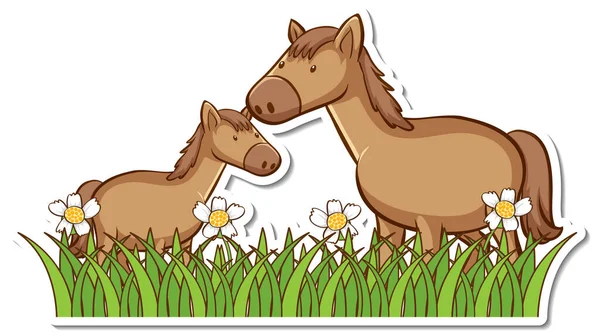 Dois Cavalos Campo Grama Com Muitas Flores Adesivo Ilustração — Vetor de Stock