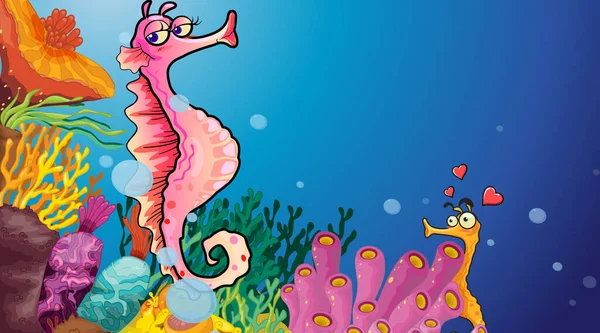 Underwater Scene Seahorse Cartoon Character Tropical Coral Reef Illustration — Stock Vector