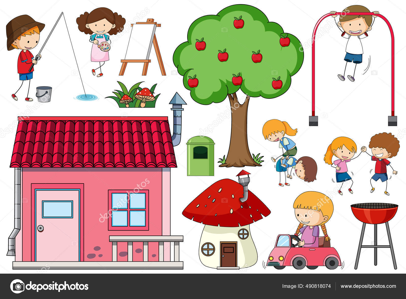 Conjunto Muchos Niños Con Ilustración Casa Vector de stock #490818074 de  ©interactimages, image size:1600x1178