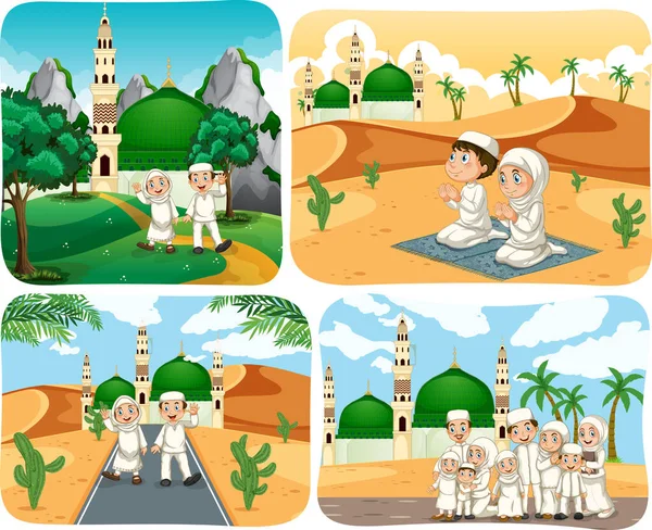 不同场景中的一组穆斯林人卡通人物 — 图库矢量图片
