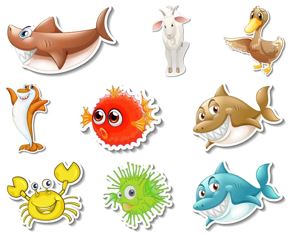 Set Stickers Sea Animals Dogs Cartoon Character Illustration — Stock Vector