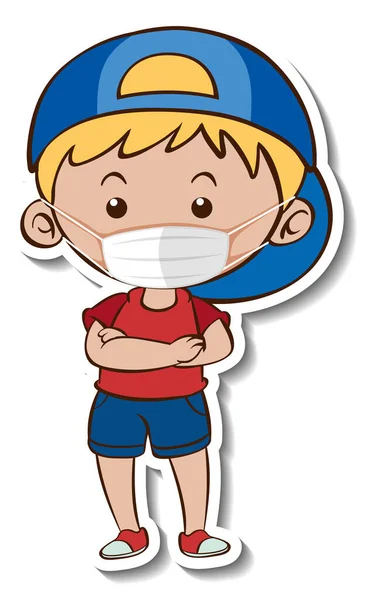 Sticker Template Boy Wearing Medical Mask Cartoon Character Illustration — Stock Vector