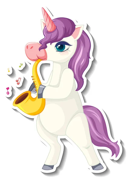 Adesivi Carino Unicorno Con Unicorno Viola Giocare Sassofono Illustrazione — Vettoriale Stock