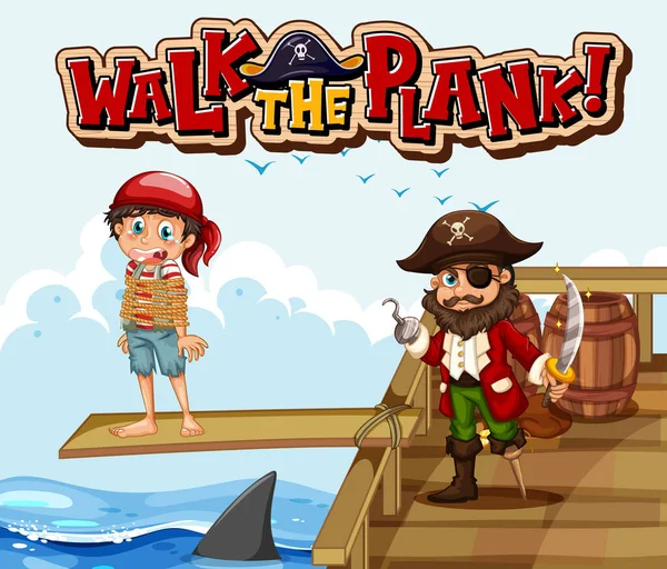 Walk Plank Font Banner Pirate Cartoon Character Illustration — Stock Vector