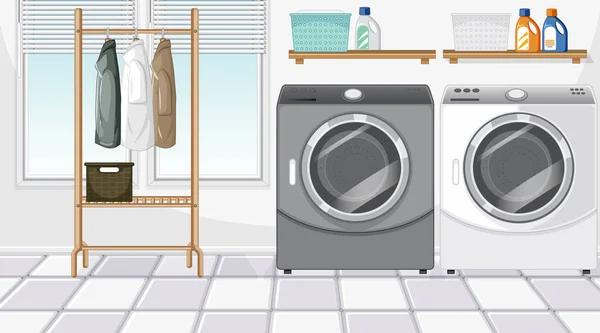 Scène Buanderie Avec Lave Linge Cintre Illustration — Image vectorielle