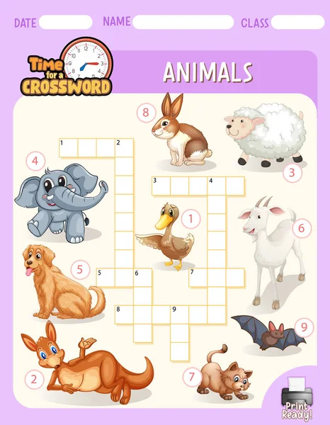 Crossword Puzzle Game Template Animals Illustration — Stock Vector